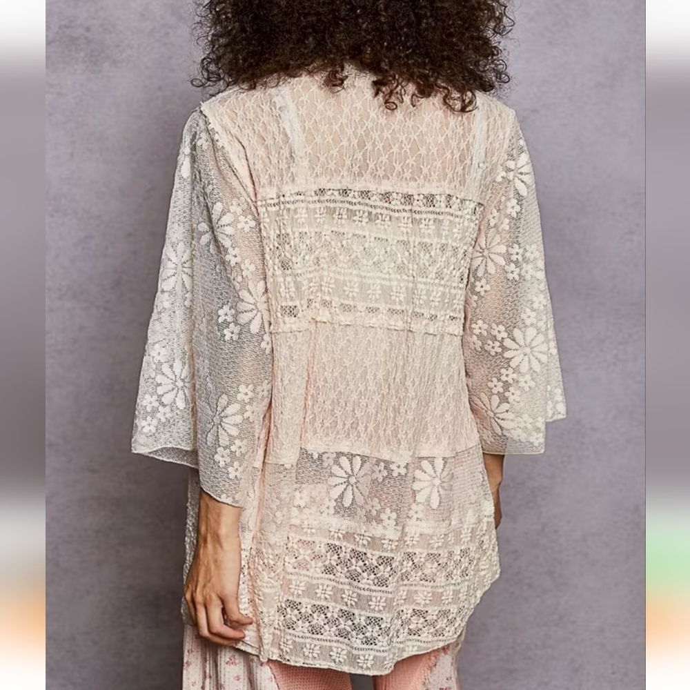 NS02. POL BOHEMIAN FLORAL LACE CROCHET TRIM LIGHT PINK KIMONO CARDIGAN - Picture 4 of 4